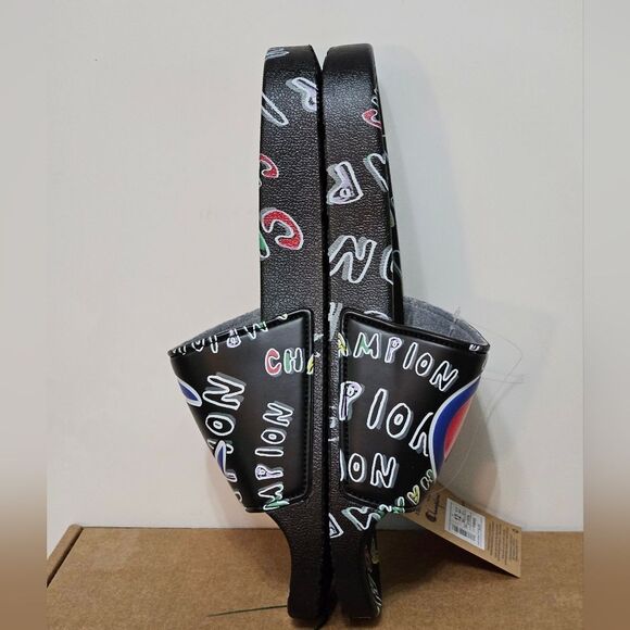 Champion, Mens Slides in Black with Colorful "Champion" Graphics. Size 12 - Picture 2 of 7